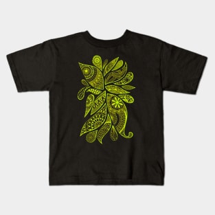 Abstract Zentangle Swirls Design (yellow-green on black) Kids T-Shirt